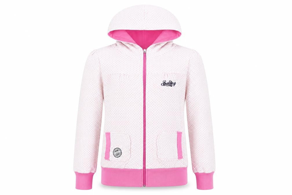 Front view of Spalding women’s pink geometric polyester full zip hoodie, size UK 10, zip - logo