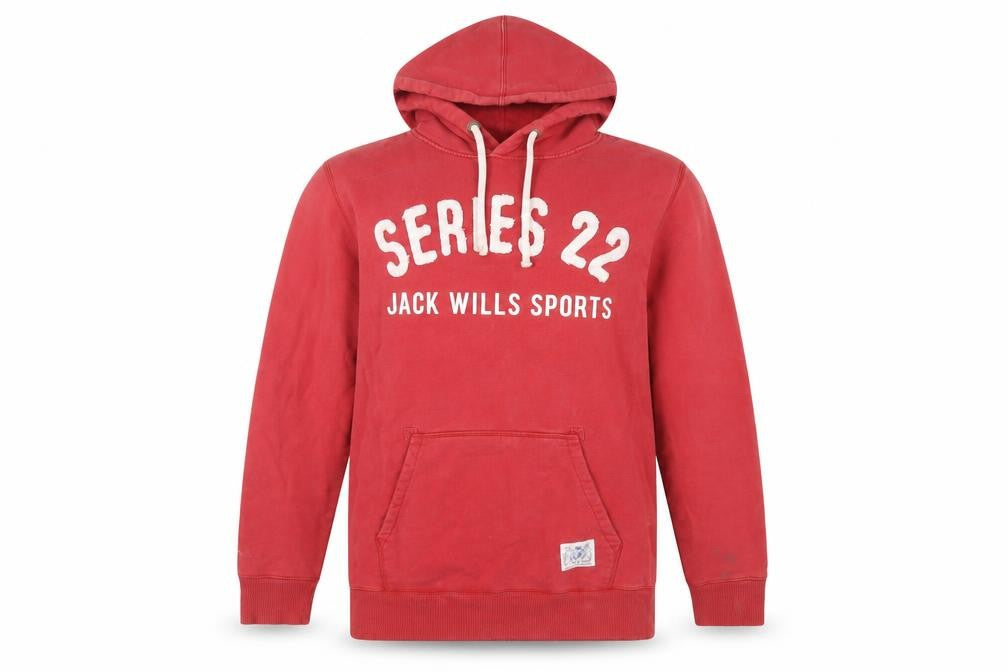 Front view of Jack Wills men’s red cotton pullover hoodie, size S, - vintage