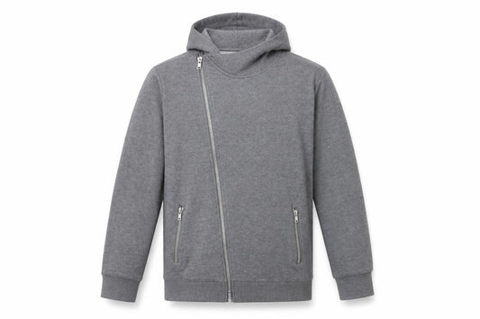 Front view of River Island men’s grey polyester full zip hoodie, size XS, - zipped pockets