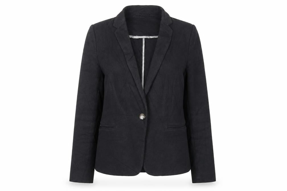 Front view of Marks & Spencer women’s black jacket blazer, size UK 12, button