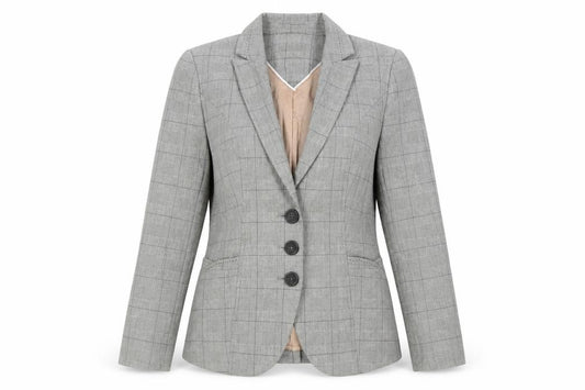 Front view of Next women’s grey plaid jacket blazer, size UK 12, button