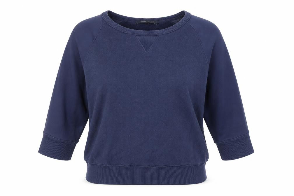Front view of French Connection women’s blue cotton pullover sweatshirt, size M, pullover - sheer sleeves
