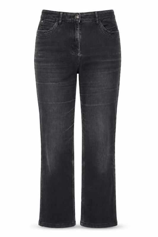 Front view of Marks & Spencer women’s grey cotton blend bootcut jeans, size UK 10 regular zip - gemstone detail to pockets.