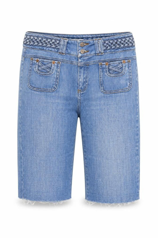 Front view of Moto women’s blue cotton bermuda shorts, size UK 34, in, 14-inch leg regular zip