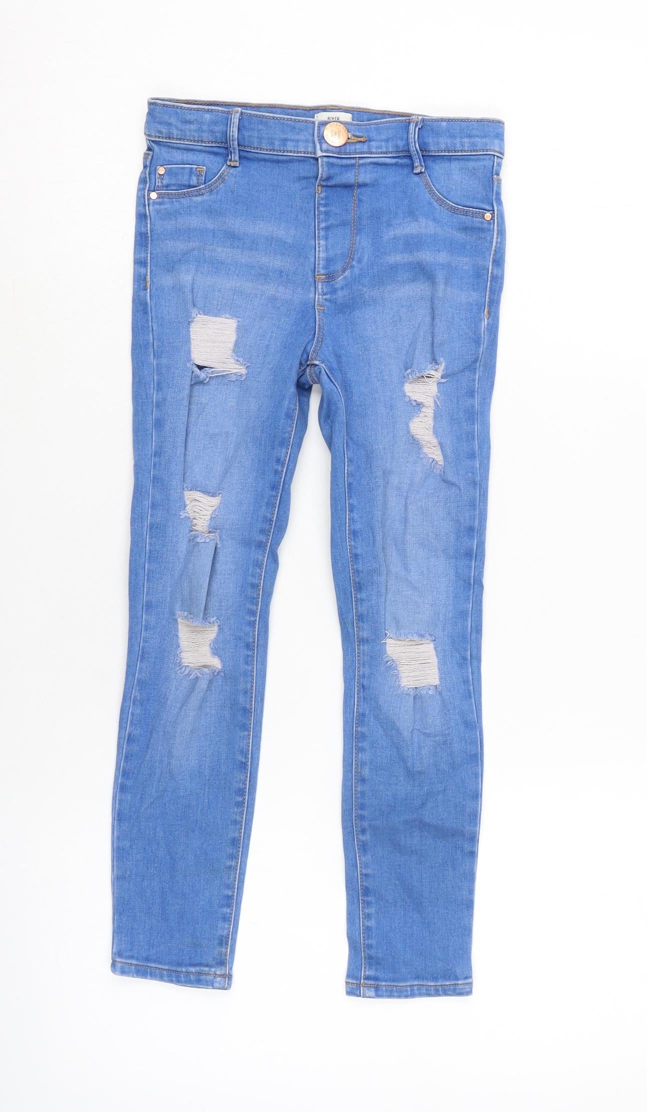 River Island Girls Blue Cotton Tapered Jeans Size 7 Years L21.5 in Regular Zip