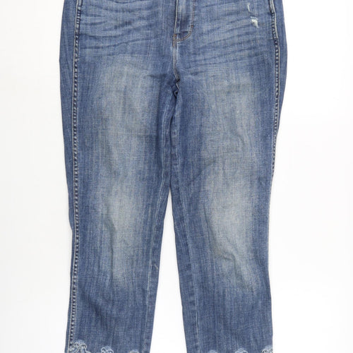 White House Black Market Womens Blue Cotton Blend Cropped Jeans Size 28 in L26.5 in Regular Zip - Embelished cuff.- Distressed.