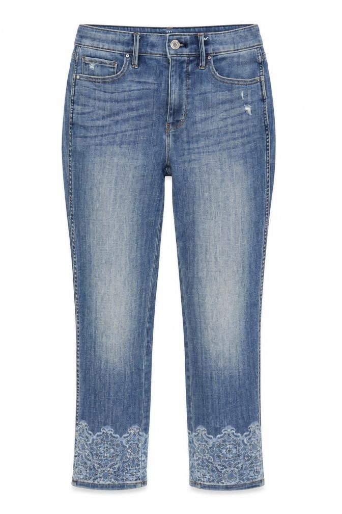 White House Black Market Womens Blue Cotton Blend Cropped Jeans Size 28 in L26.5 in Regular Zip - Embelished cuff.- Distressed.