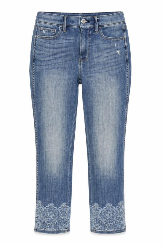 Front view of White House Black Market women’s blue cotton blend cropped jeans, in regular zip - embelished cuff