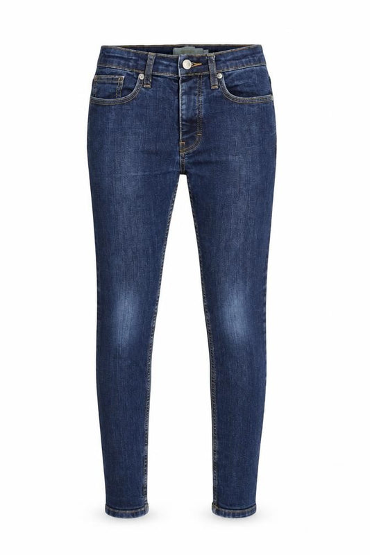 Front view of Topman women’s blue cotton blend skinny jeans, size UK 26, in, 28-inch leg regular button