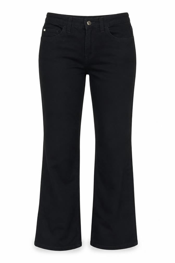 Give Womens Black Cotton Blend Bootcut Jeans Size 28 in L27 in Regular Zip - Gemstone detail to pockets.