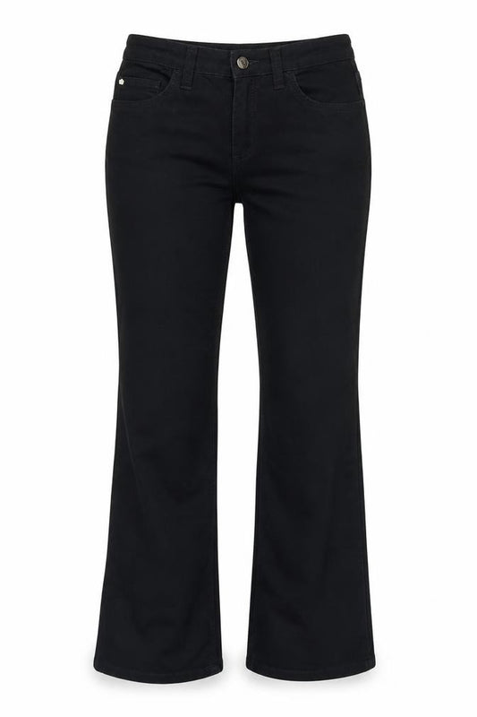 Front view of Give women’s black cotton blend bootcut jeans, size UK 28, in regular zip - gemstone detail to pockets.