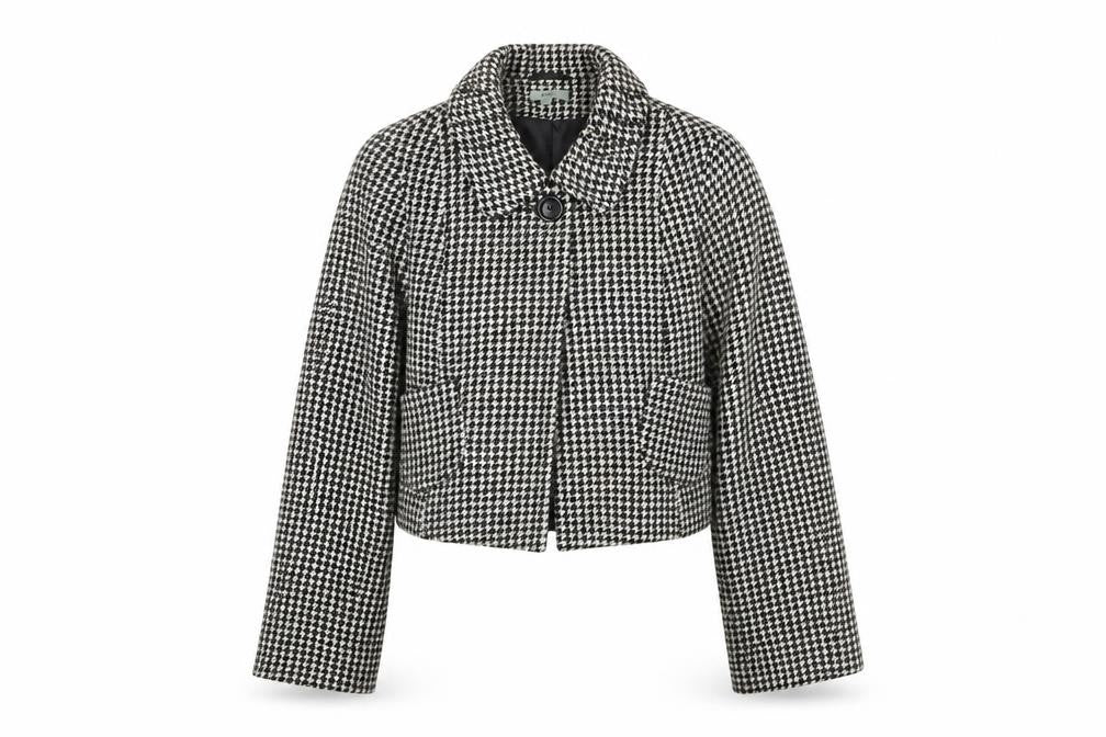Front view of Therapy women’s black geometric jacket coat, size UK 12, button - houndstooth