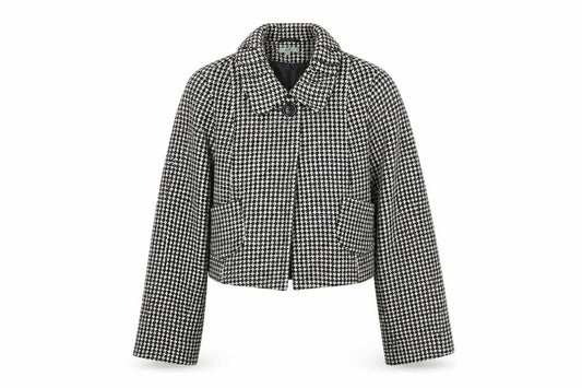 Front view of Therapy women’s black geometric jacket coat, size UK 12, button - houndstooth