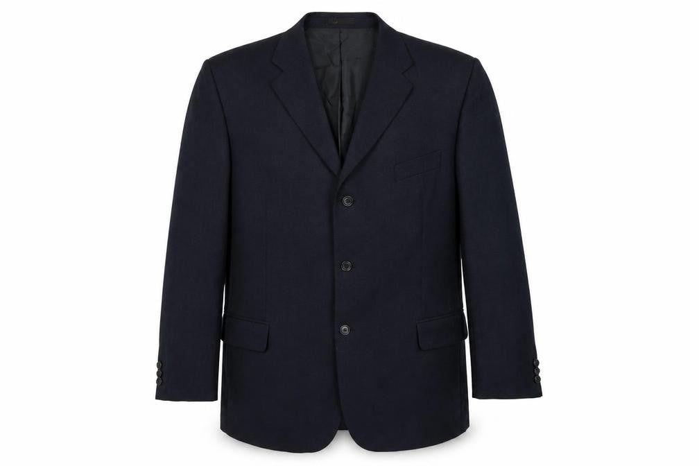 Front view of BHS men’s blue polyester jacket suit jacket, size 48, regular