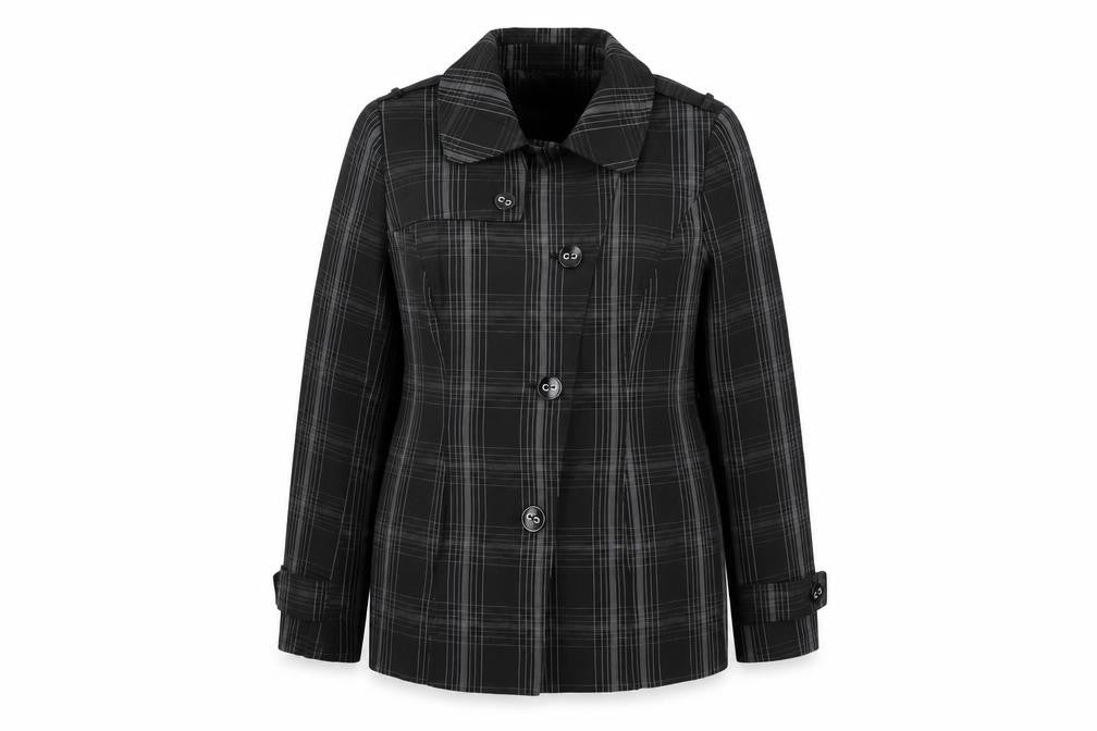 Front view of Debenhams women’s black geometric jacket coat, size UK 14, button
