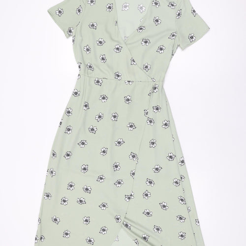H&M Womens Green Floral Polyester A-Line Size 6 V-Neck Pullover