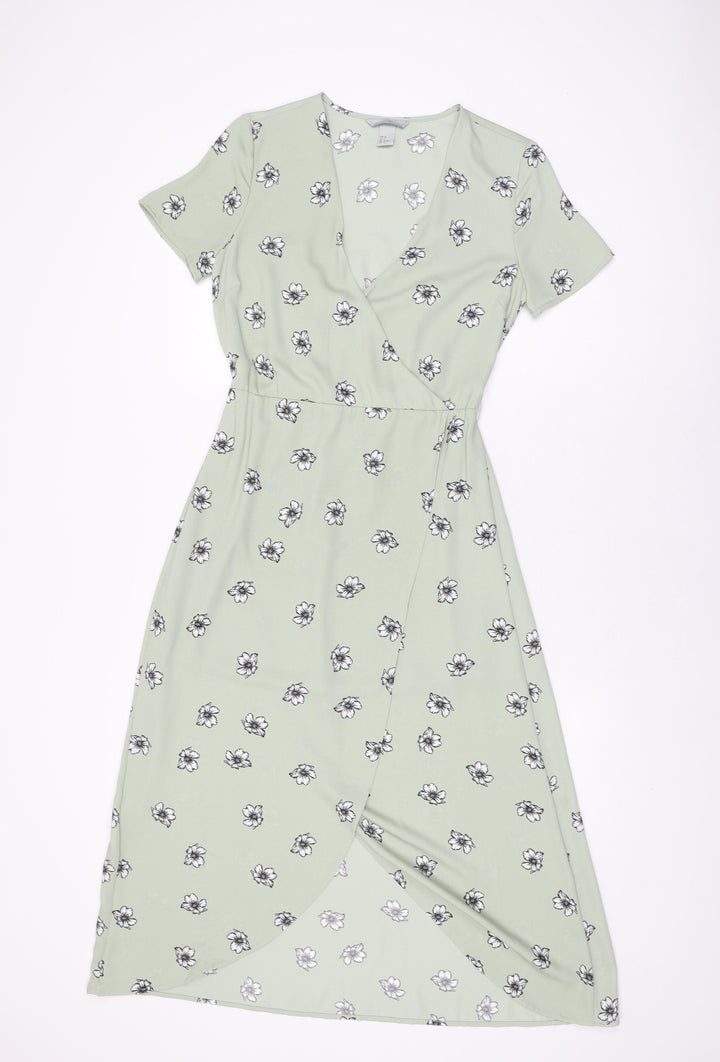 H&M Womens Green Floral Polyester A-Line Size 6 V-Neck Pullover