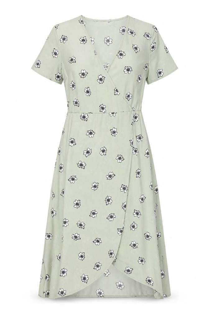 Front view of H&M women’s green floral polyester a-line, size UK 6, v-neck pullover