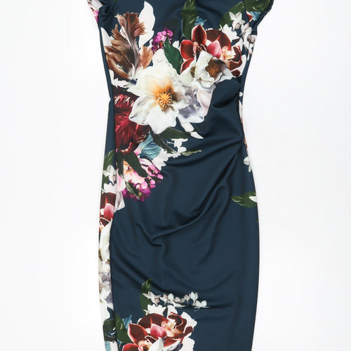 Boohoo Womens Blue Floral Polyester Bodycon Size 6 Round Neck Pullover