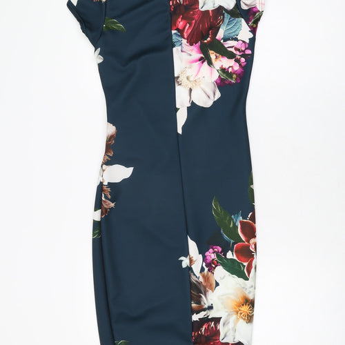 Boohoo Womens Blue Floral Polyester Bodycon Size 6 Round Neck Pullover