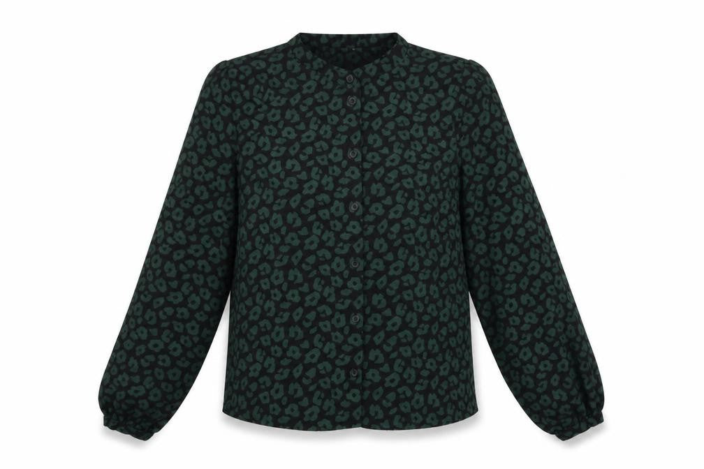 Front view of JDY women’s black animal print viscose basic button-up, size UK 8, round neck