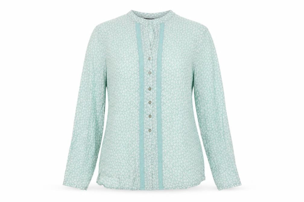 Front view of Gap women’s green floral cotton basic button-up, size M, round neck