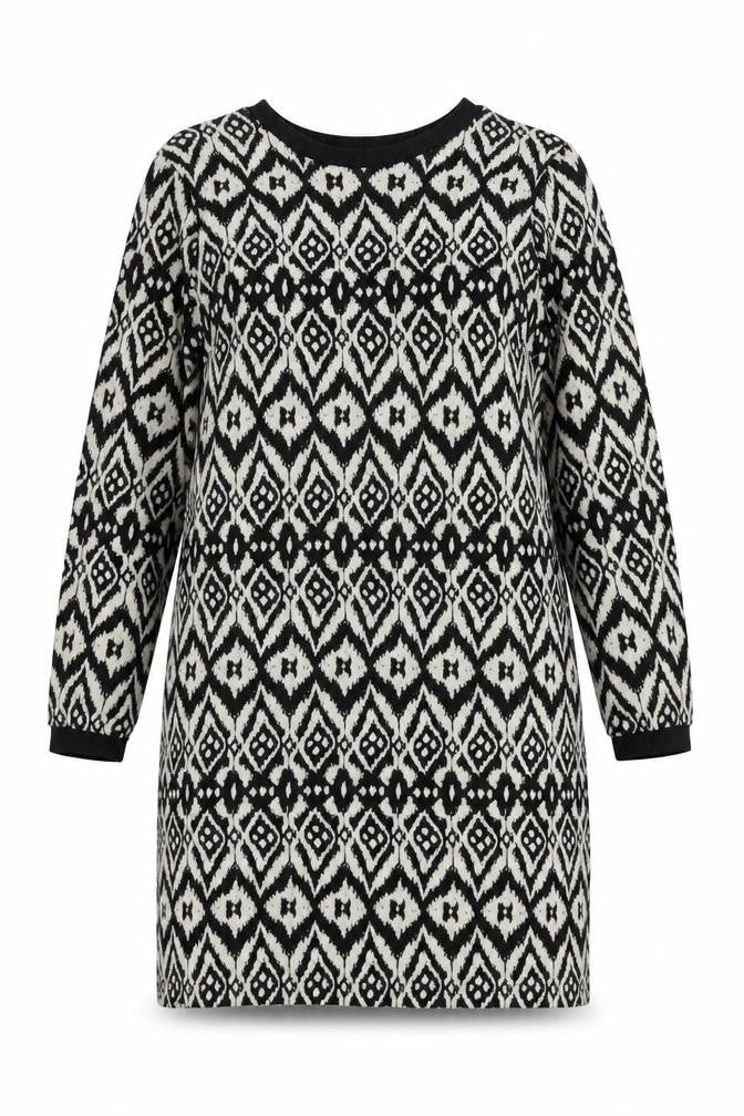 Front view of Marks & Spencer women’s white geometric viscose shift, size UK 12, round neck pullover