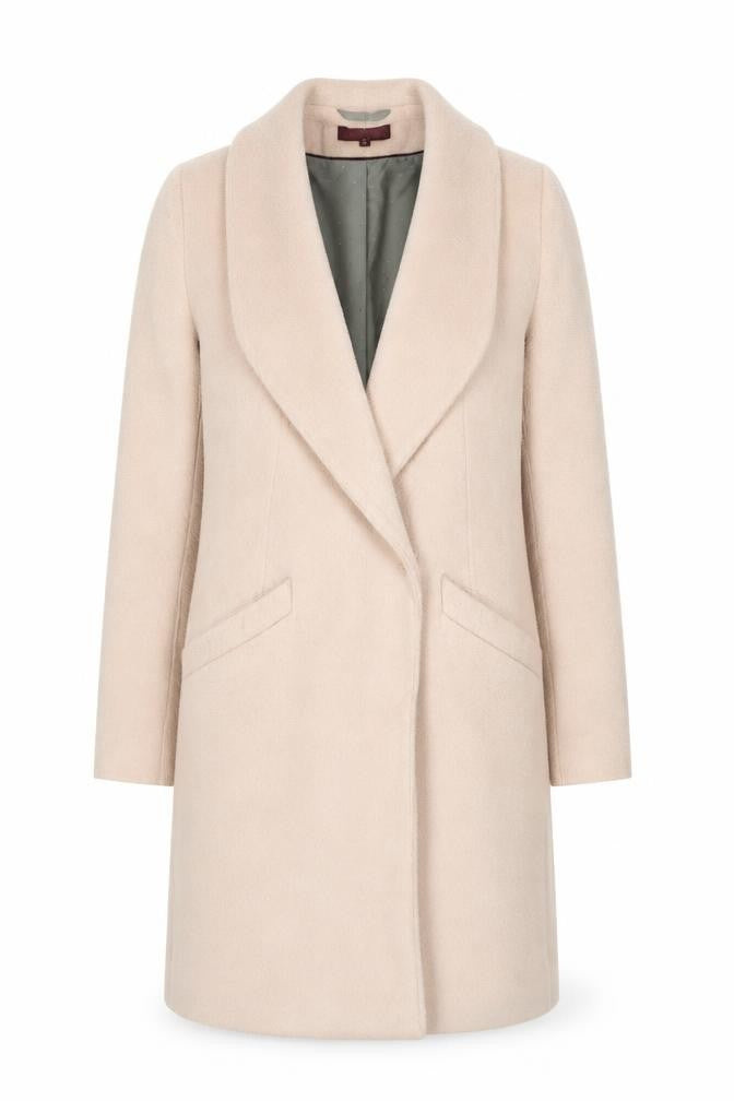 Front view of Next women’s pink overcoat coat, size UK 8, hook & eye