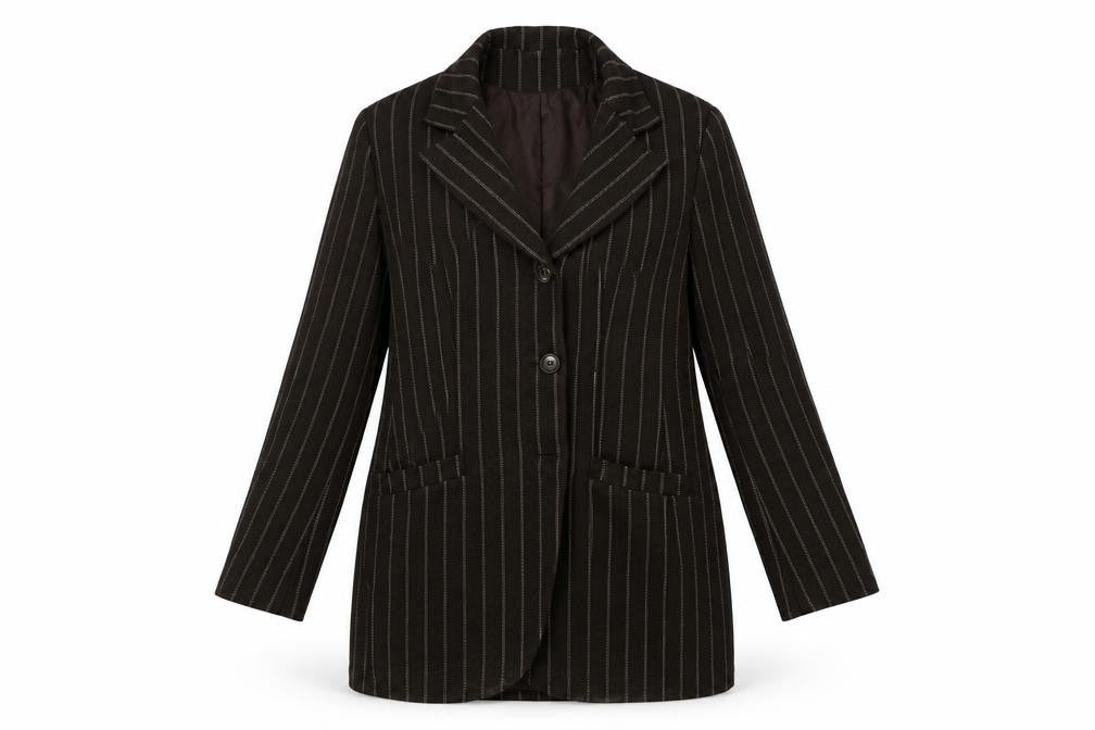 Front view of Miss Selfridge women’s brown striped jacket blazer, size UK 12, button