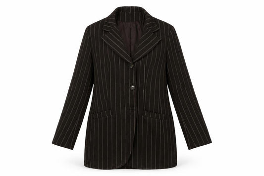 Front view of Miss Selfridge women’s brown striped jacket blazer, size UK 12, button