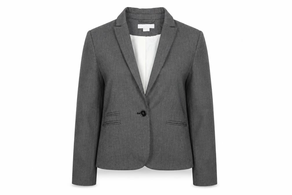 Front view of H&M women’s grey jacket blazer, size UK 10, button