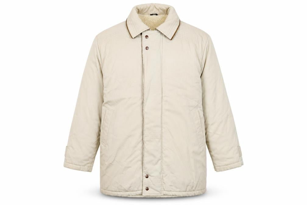 Front view of St Michael men’s beige overcoat coat, size 44, zip
