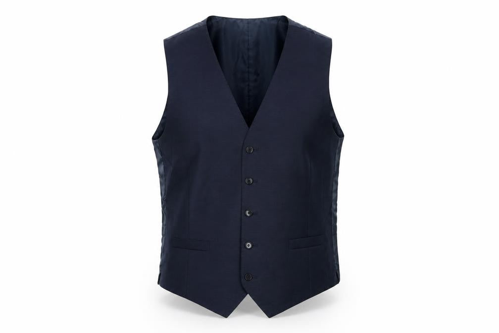 Front view of Marks & Spencer men’s blue wool jacket suit waistcoat, size 44, regular