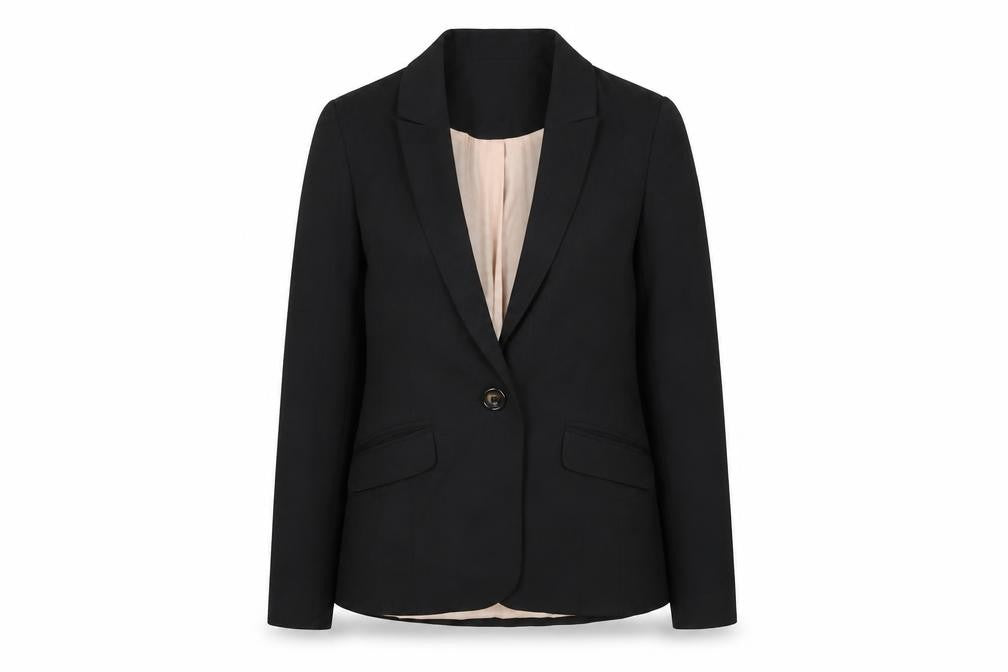 Front view of River Island women’s black jacket blazer, size UK 6, button