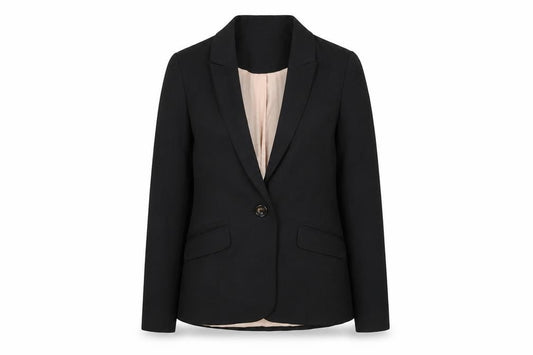 Front view of River Island women’s black jacket blazer, size UK 6, button