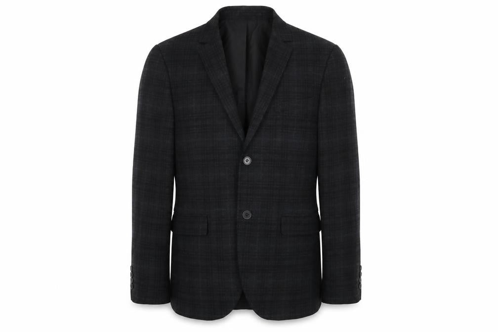 Front view of H&M men’s black geometric polyester jacket suit jacket, size 38, regular