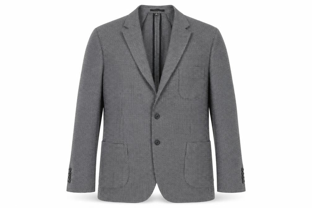 Front view of Marks & Spencer men’s grey geometric polyester jacket suit jacket, size 46, regular