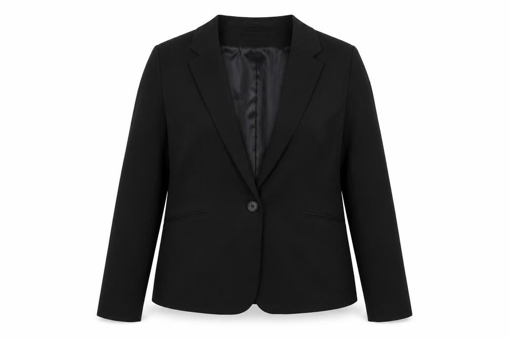 Front view of H&M women’s black jacket blazer, size UK 16, button