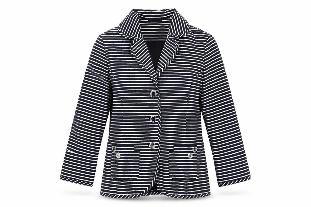 Front view of Per Una women’s blue striped jacket, size UK 14, button