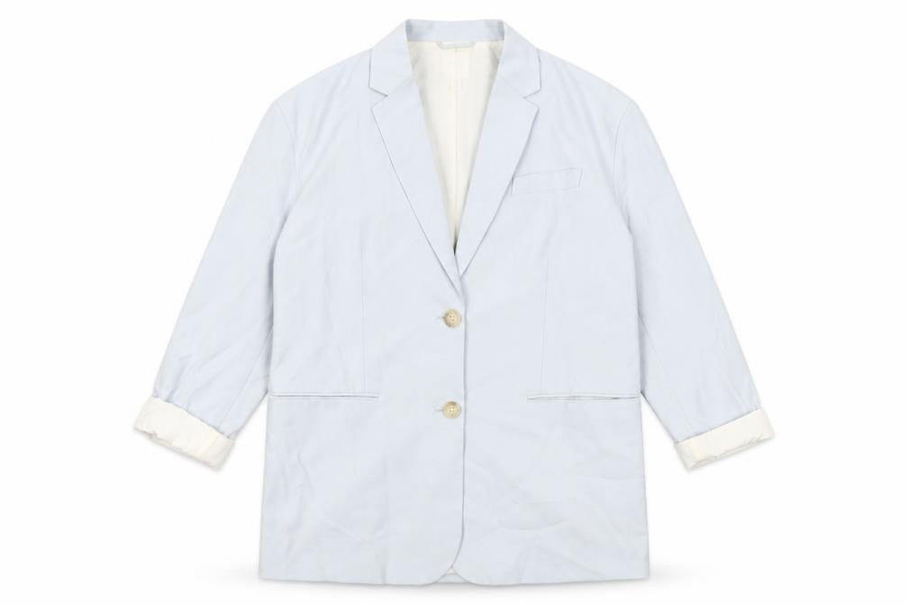 Front view of H&M women’s blue jacket blazer, size XS, button
