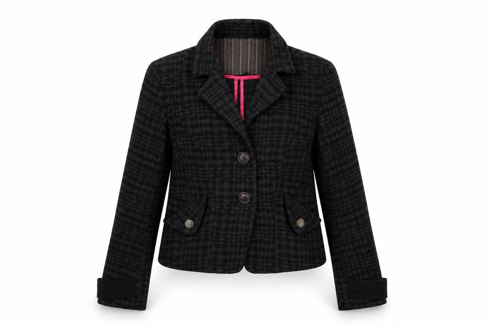 Front view of Guru women’s black geometric jacket coat, size L, button