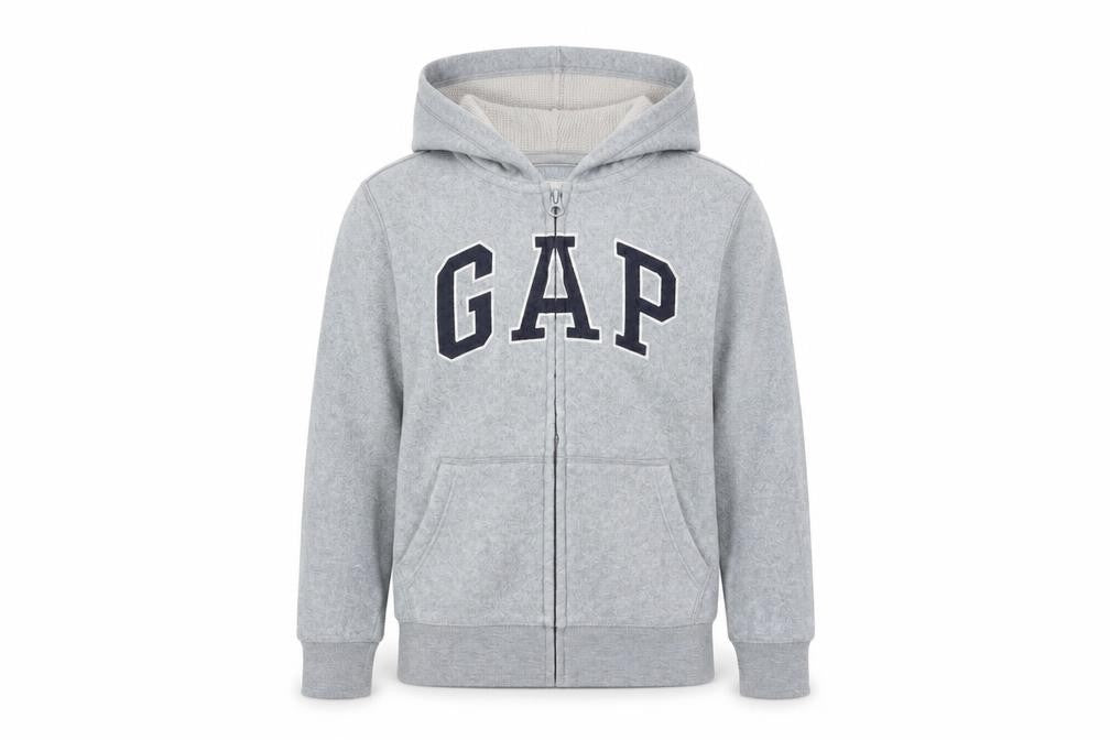 Front view of Gap boys’ grey polyester full zip hoodie, size S, zip