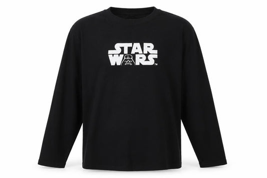 Front view of Star Wars men’s black polyester t-shirt, size L, round neck
