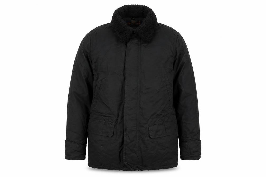 Front view of RJR.John Rocha men’s black overcoat coat, size L, zip