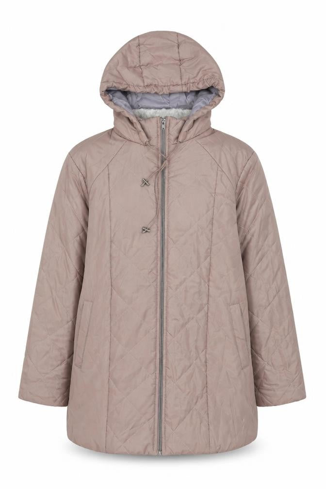 Front view of Anne De Lancay women’s pink puffer jacket coat, size L, zip
