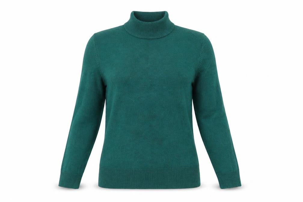Front view of Marks & Spencer women’s green acrylic basic t-shirt, size UK 12, high neck