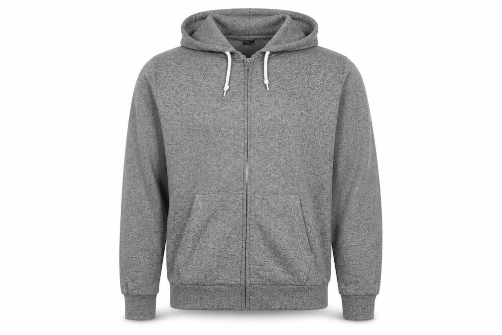 Front view of H&M men’s grey cotton full zip hoodie, size M