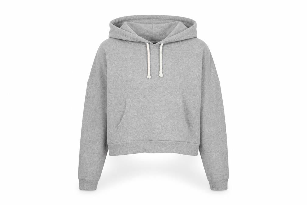 Front view of ASOS women’s grey cotton pullover hoodie, size UK 8, pullover
