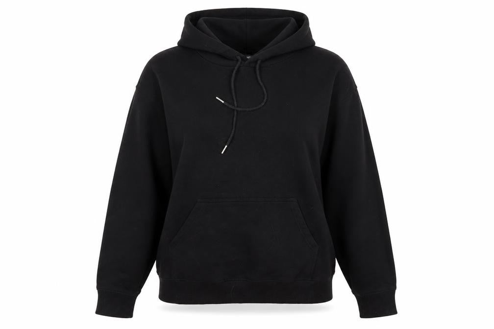 Front view of H&M women’s black cotton pullover hoodie, size M, pullover