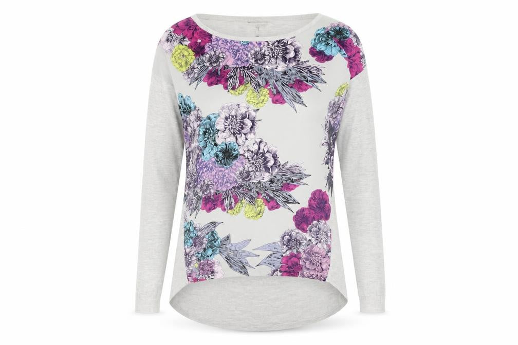 Front view of French Connection women’s grey floral viscose basic t-shirt, size UK 10, round neck